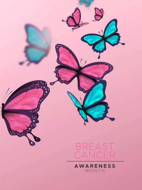 ilustraciones, imágenes clip art, dibujos animados e iconos de stock de cáncer de mama mes de conciencia tarjeta mariposa rosa - chest fly