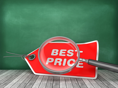BEST PRICE Tag with Magnifying Glass on Chalkboard Background - 3D Rendering