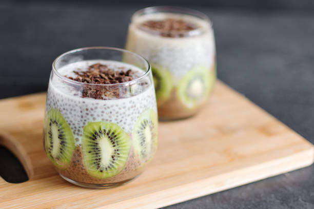 istock Chocolate and vanilla chia seed pudding with kiwi. 1177477887