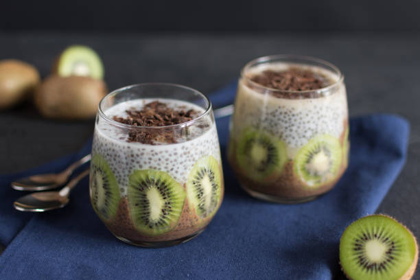 istock Chocolate and vanilla chia seed pudding with kiwi. 1177477893