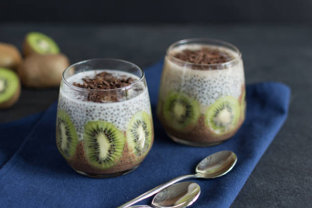 istock Chocolate and vanilla chia seed pudding with kiwi. 1177477920