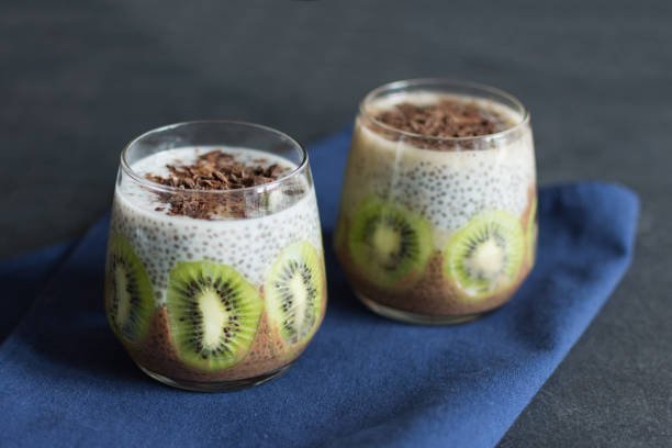 istock Chocolate and vanilla chia seed pudding with kiwi. 1177477923