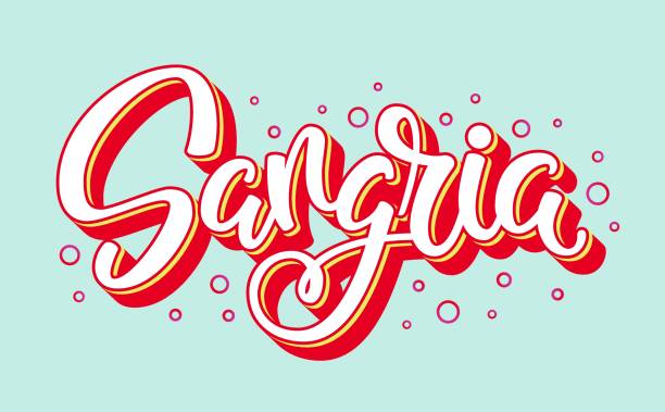 Sangria handwritten vector logo. Stock illustration with brush lettering typography and bubbles isolated on background. Logotype concept of popular summer cocktail Sangria handwritten vector logo. Illustration with brush lettering typography and bubbles isolated on background. Logotype concept of popular summer cocktail in 3d style for menu, banner, sticker sangria stock illustrations