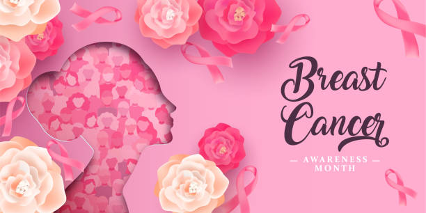 ilustraciones, imágenes clip art, dibujos animados e iconos de stock de tarjeta de concienciación sobre el cáncer de mama mujer de flores cortadas en papel - cinta contra el cáncer de mama ilustraciones