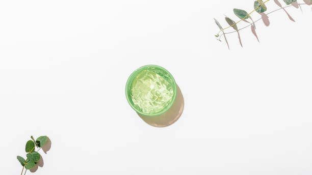 istock Flat lay composition open jar of clear moisturizing aloe vera gel 1177478110