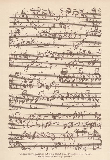 ilustraciones, imágenes clip art, dibujos animados e iconos de stock de manuscrito de bach, fantasía y fuga para teclado, facsímil, publicado en 1885 - hoja de partitura