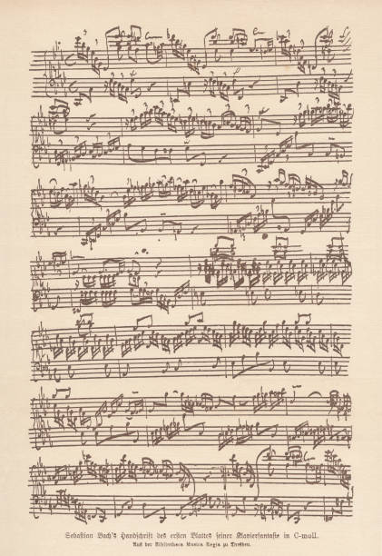 рукопись баха, фантазия и фуга для клавиатуры, факсимиле, опубликовано в 1885 году - sheet music stock illustrations