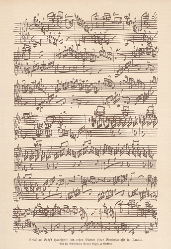 Johann Sebastian Bach's manuscript of the first sheet of his Fantasia and Fugue for keyboard in C minor. Facsimile of the original, published in 1885.