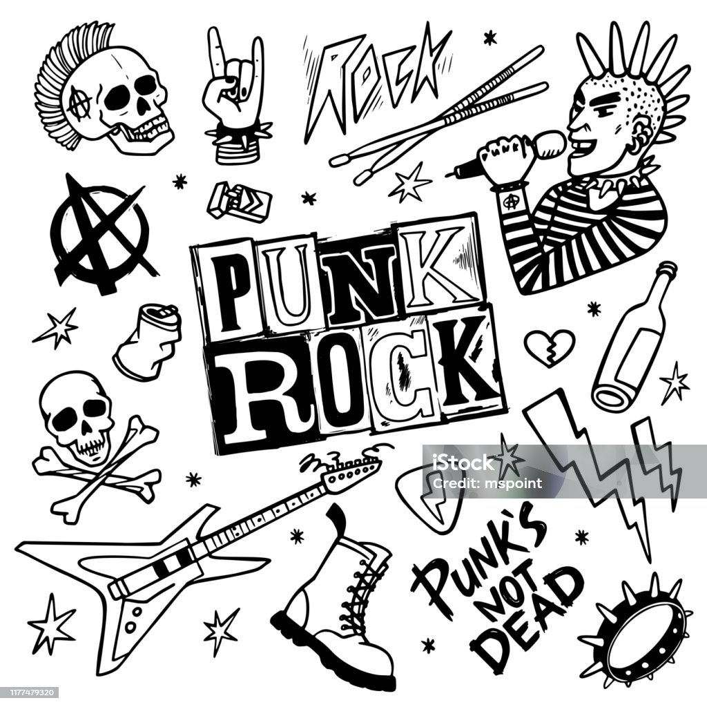 Punk rock set. Punks not dead words and design elements. vector illustration. Punk rock music set. Punk rock simbols, words and design elements on white background. vector illustration Rock Music stock vector