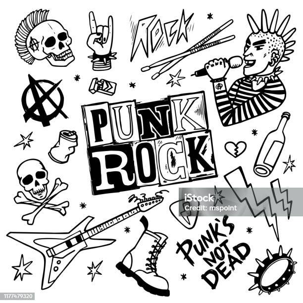 Punk Rock Set Punks Not Dead Words And Design Elements Vector Illustration Stock Illustration - Download Image Now