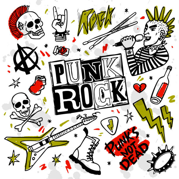 illustrazioni stock, clip art, cartoni animati e icone di tendenza di set punk rock. punk non parole morte ed elementi di design. illustrazione vettoriale. - punk