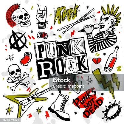 istock Punk rock set. Punks not dead words and design elements. vector illustration. 1177479324