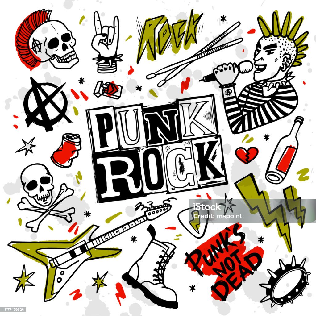 Punk rock set. Punks not dead words and design elements. vector illustration. Punk rock music set. Punk rock simbols, words and design elements on white background. vector illustration Punk - Person stock vector