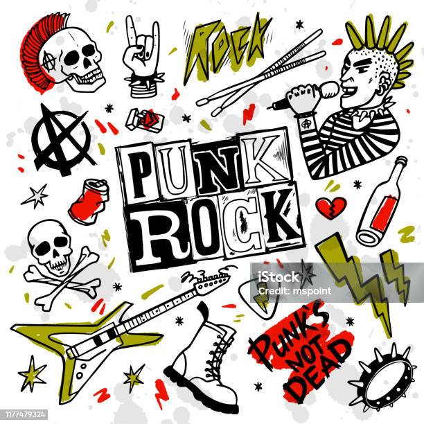 Punk Rock Set Punks Not Dead Words And Design Elements Vector Illustration Stock Illustration - Download Image Now