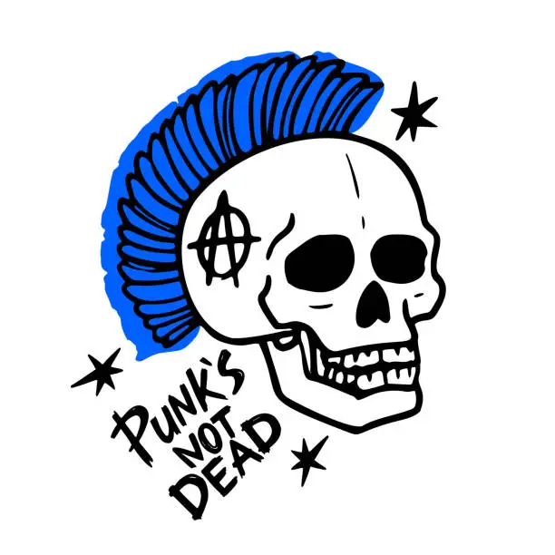 Vector illustration of Punk rock music. Punks not dead words and mohawk skull. vector illustration on white background.