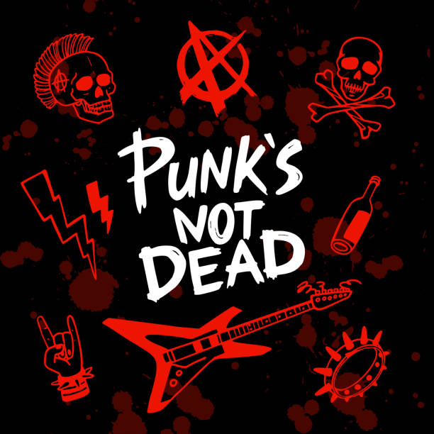 ilustraciones, imágenes clip art, dibujos animados e iconos de stock de conjunto de rock punk. punks no palabras muertas y elementos de diseño. ilustración vectorial. - riot