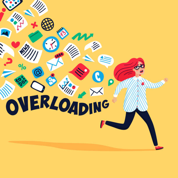 Input overloading. Information overload concept. Young woman running away from information stream. Concept of person overwhelmed by information. Colorful vector illustration in flat style. Input overloading. Information overload concept. Young woman running away from information stream. Concept of person overwhelmed by information. Colorful vector illustration in flat style working hard stock illustrations