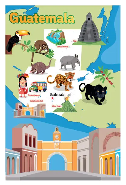 Vector illustration of Cartoon map of Guatemala, Semuc Champey, Tikal, Chichicastenango, Pavaya, Canta Catalina Arch, Chimaltenango, Chiquimula, Coatepeque, Cobán, Cuilapa, Escuintla, Esquipulas, Flores, Guatemala City, Huehuetenango, Jalapa, Jutiapa, Mazatenango, Mixco, Puerto