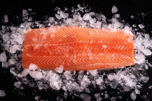 raw whole salmon fillet sprinkled with crushed ice on a dark background. dietary nutrition. healthy food diet food. top view - alaskan salmon imagens e fotografias de stock