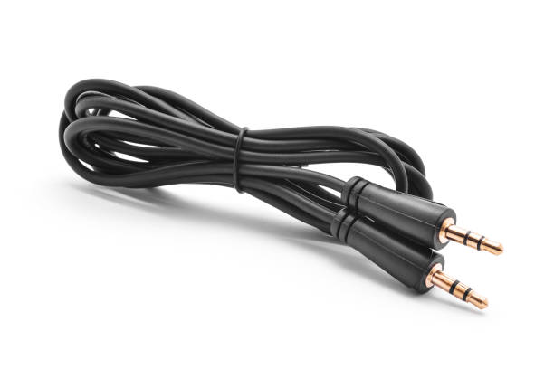 black 3.5 mm. jack audio cable stock photo