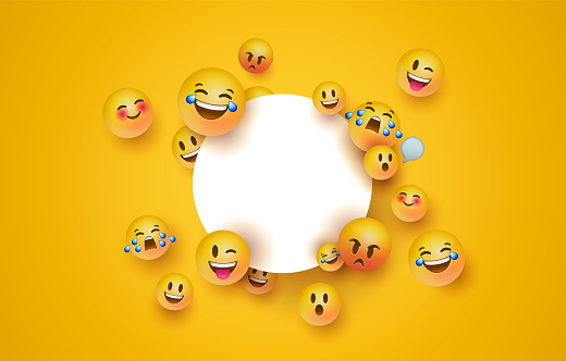 Fun 3d yellow emoticon faces with isolated white frame template. Social chat app icons for modern online project or funny children product.