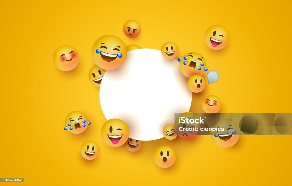 Fun yellow emoji icon white circle frame template Fun 3d yellow emoticon faces with isolated white frame template. Social chat app icons for modern online project or funny children product. Emoticon stock vector