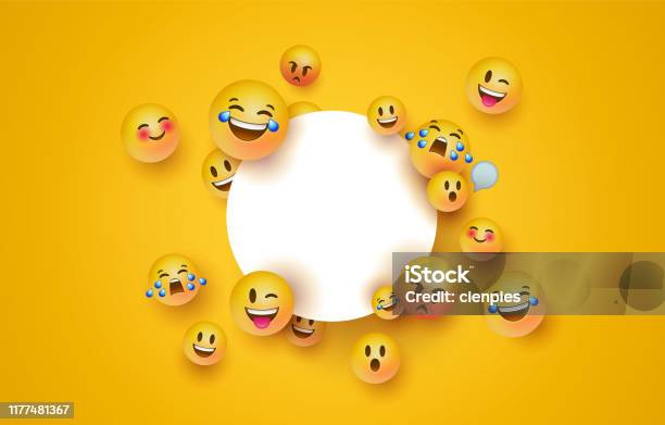 Fun Yellow Emoji Icon White Circle Frame Template Stock Illustration - Download Image Now - Emoticon, Three Dimensional, Anthropomorphic Smiley Face