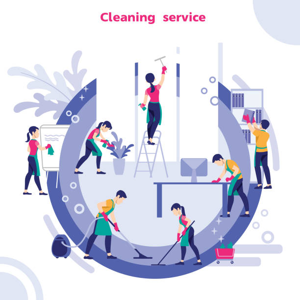 stockillustraties, clipart, cartoons en iconen met groep van janitors in uniforme reiniging van het kantoor met reinigingsapparatuur, vector illustratie - schoonmaken illustraties