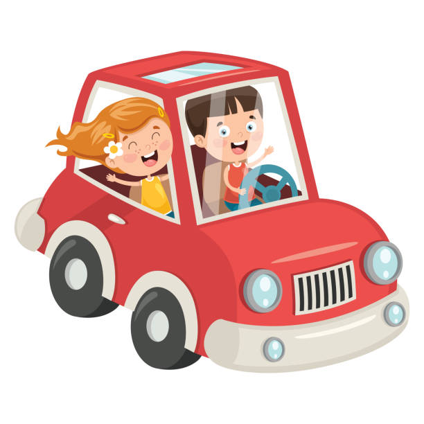 kinder, die mit einem lustigen auto unterwegs sind - kinder sport auto stock-grafiken, -clipart, -cartoons und -symbole