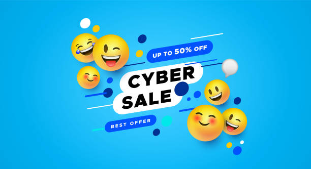 Cyber sale template 3d yellow smiley face banner Modern cyber sale banner with yellow smiley face icons in 3d style. Social web store discount concept for technology product or online promotion. emoticon stock illustrations