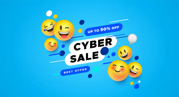 Cyber sale template 3d yellow smiley face banner Modern cyber sale banner with yellow smiley face icons in 3d style. Social web store discount concept for technology product or online promotion. laughing stock illustrations