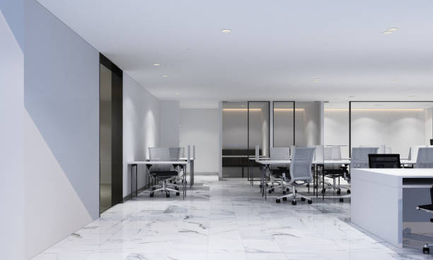 istock Working area in modern office with white marble floor and meeting room. interior 3d rendering 1177487055