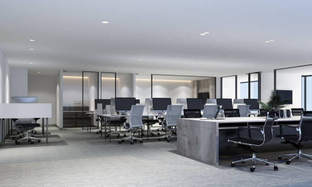 pracovní plocha v moderní kanceláři s kobercovou podlahou a zasedací místností. vnitřní 3d vykreslování - kancelář - stock snímky, obrázky a fotky