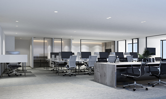 Zona de trabajo en oficina moderna con suelo de moqueta y sala de reuniones. interior renderizado 3d photo