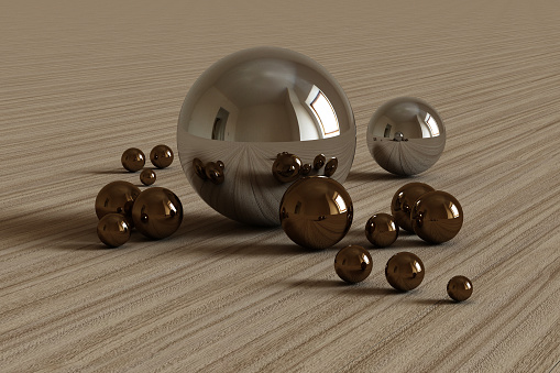 Geometric shapes with room environment reflected on sphere. 3d rendering
