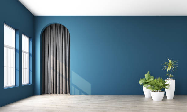 istock Modern memphis interior with deep blue wall and grey curtain behide arch. 3d rendering 1177488107