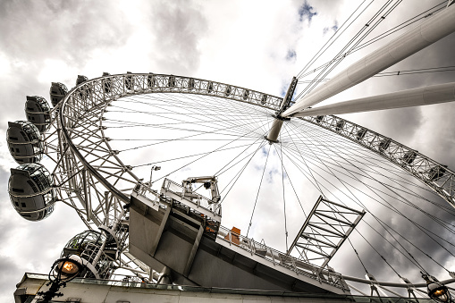 London, UK- August 8, 2019: A low angle view of the London Eye and it's marvelous construction