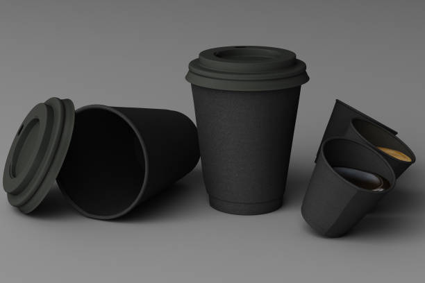 istock Set of black coffee cups on grey background. 3d rendering 1177491785