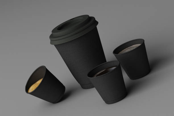 istock Set of black coffee cups on grey background. 3d rendering 1177491804