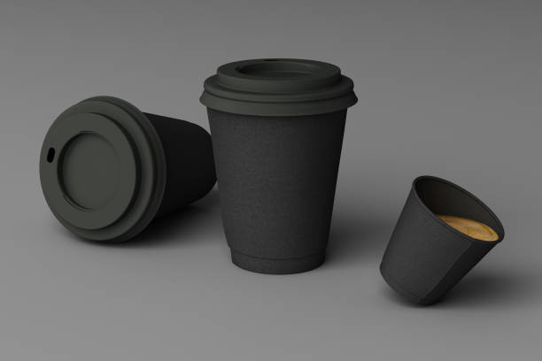 istock Set of black coffee cups on grey background. 3d rendering 1177491805