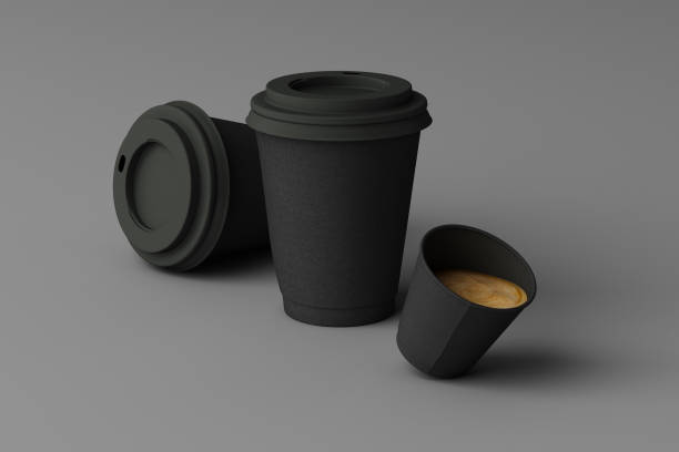 istock Set of black coffee cups on grey background. 3d rendering 1177491807