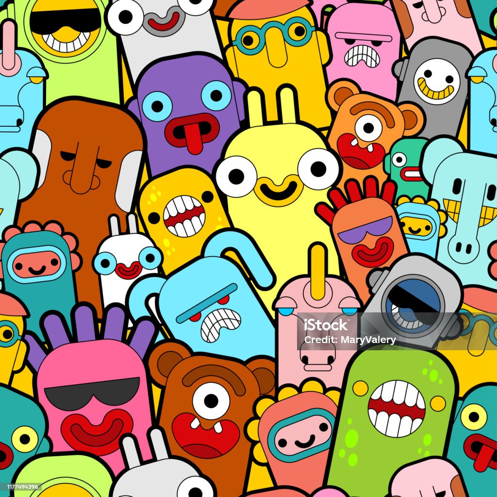 Doodle Monster Pattern Seamless Color Cartoon Character Background Vector  Texture Stock Illustration - Download Image Now - iStock