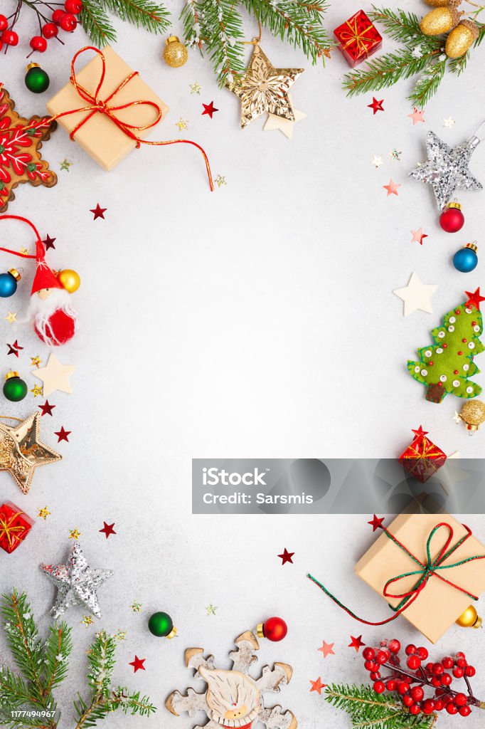 Weihnachten Hintergrund mit Geschenk-Boxen, festliche Dekor, Tannenbaum Zweige. - Lizenzfrei Weihnachten Stock-Foto
