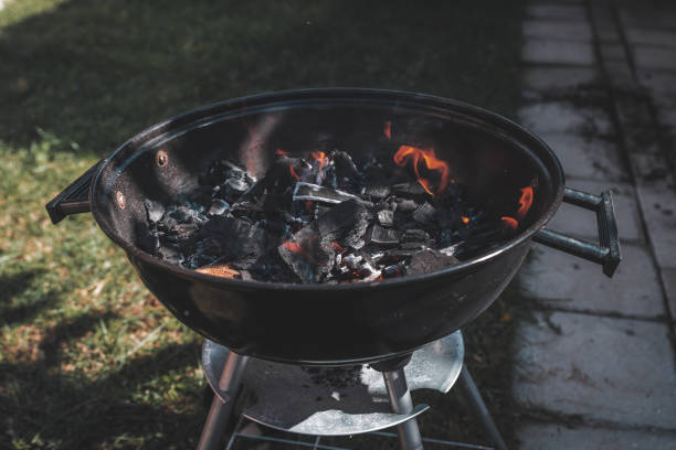 istock barbecue on the green grass, the fire and smoke close up 1177498178