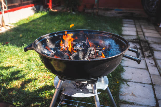 istock barbecue on the green grass, the fire and smoke close up 1177498210