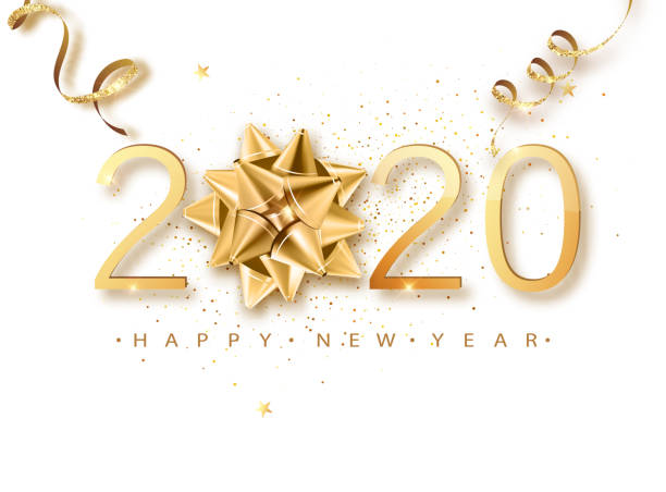 istock Happy New 2020 Year. Greeting card web banner or poster with happy new year 2020 with christmas bow gold glitter confetti and shine. Luxury Vector illustration. 1177502663