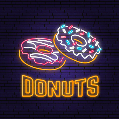 Neon donuts retro sign on brick wall background. Design for cafe, restaurant. Vector illustration. Neon design for pub or fast food business. Light sign banner. Glass tube.