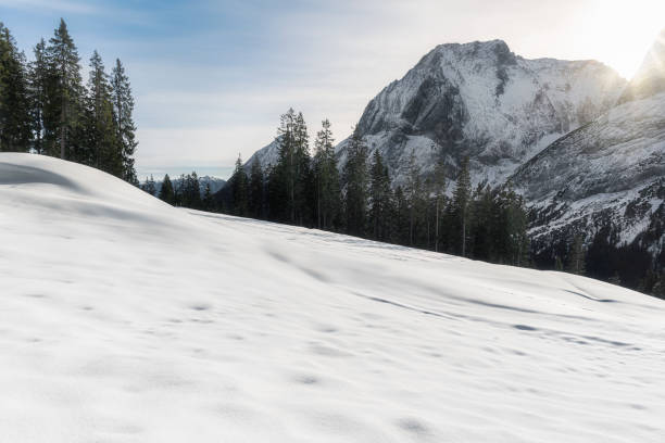 istock Winter scene with snowdrift, snowy mountains, and sunshine 1177506638