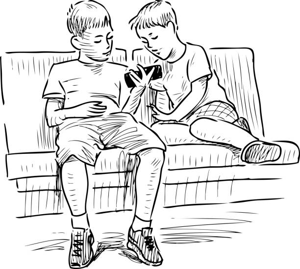 status cement Betjene Sketch Of Two Little Boys With Mobile Phone Sitting On Sofa Stock  Illustration - Download Image Now - iStock