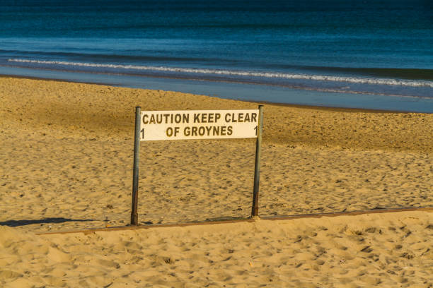 istock Beach with sign caution keep clear of groynes. 1177510554